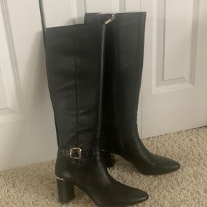 Black leather heeled boots